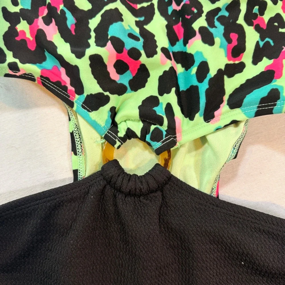 Art Class One Piece Swimsuit Kids L 10/12 Black Neon Leopard Cutout 90s Inspired